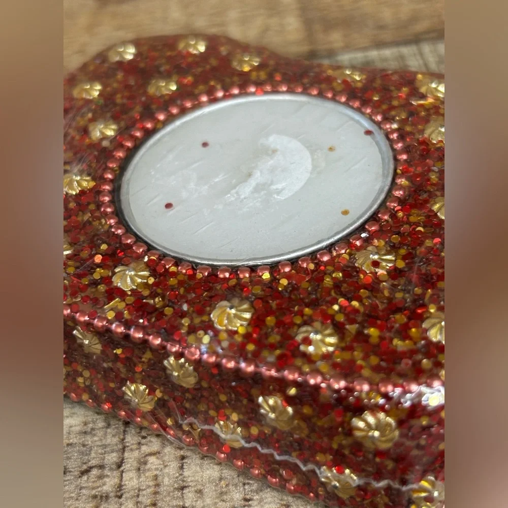 RARE! NEW PIER 1 RED GLITTER BEADS & SEQUINS VOTIVE TEA LIGHT 4